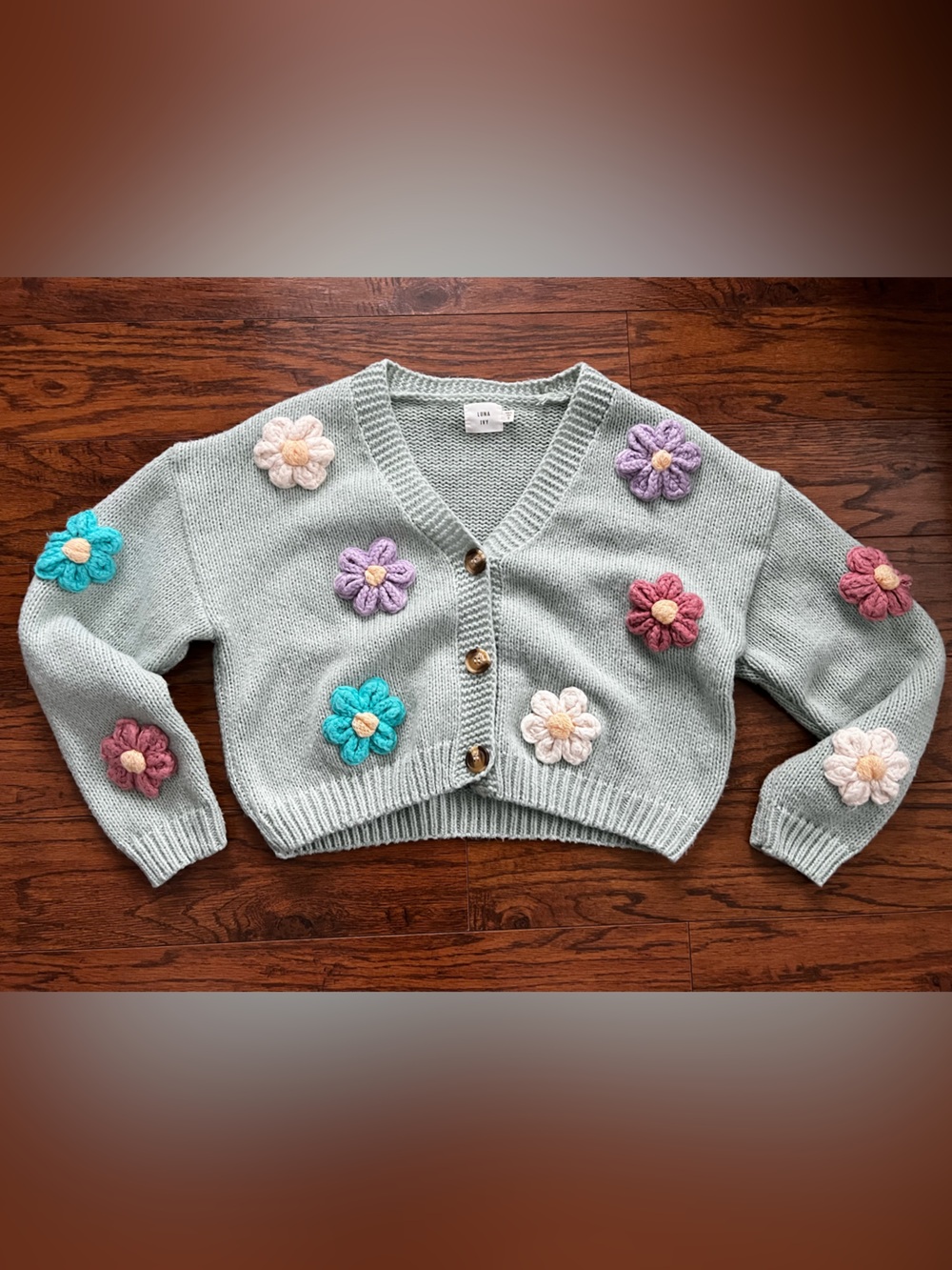 Luna Ivy Anthropologie Light Mint Floral Appliqué Button-Front Sweater Cardigan